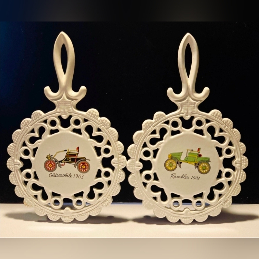 Vintage Cast Iron Trivets With Oldsmobile 1903 & Rambler 1902 Designs